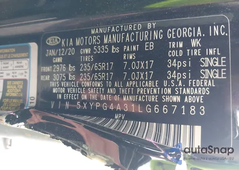 2020 Kia Sorento 2.4L Lx z USA, uszkodzony, nr VIN 5XYPG4A31LG667183